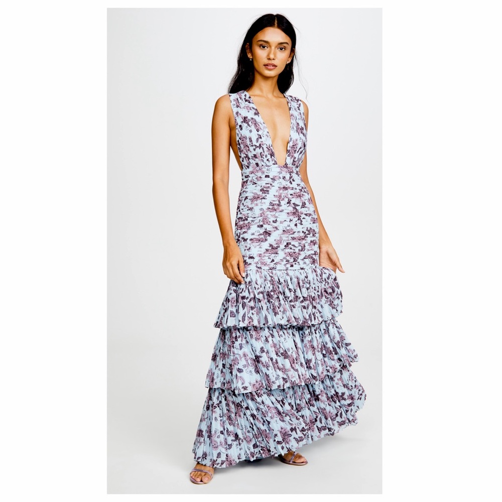 Floral Deep V Ruffle Tiered Wedding Dress - Blue/Purple